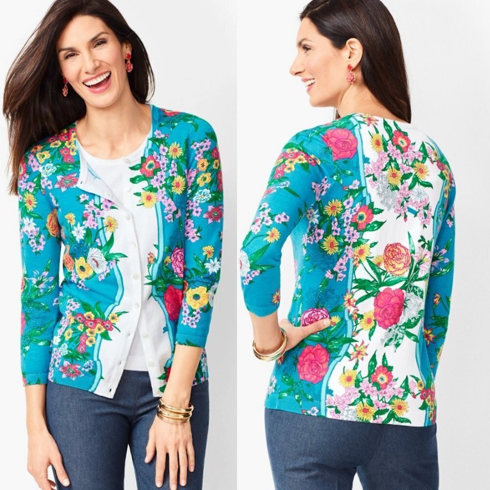 New Talbots Charming Blossoms Cotton Cardigan Size LP